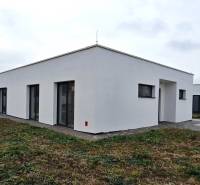 Ein Einfamilienhaus in Moravany nad Váhom in der Straße Dolinky mit minimalistischem Design und einfachem Garten.