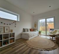 Helles Zimmer in einem Einfamilienhaus mit Sofa, Holzboden und Dekorationen.