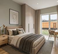 Innenraum eines Einfamilienhauses mit Bett, Schränken, Bild und Boden mit Holzdekor.