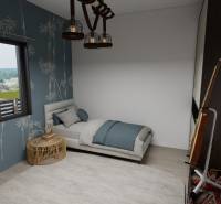 Ein Zimmer im Einfamilienhaus mit einem Bett, einer Gitarre und einer blauen Tapete.