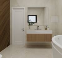 Minimalistisches Badezimmer mit Badewanne, Waschbecken und Boden in Holzoptik in einem Einfamilienhaus.