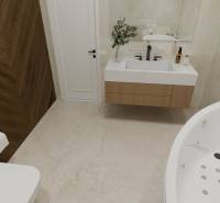 Ein Badezimmer in einem Einfamilienhaus mit einer Badewanne, einem Waschbecken und einem Boden in Holzoptik.