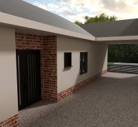 Einfamilienhaus in Cífer mit verglasten Fenstern und Ziegeldekorwänden.