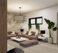 Wohnzimmer in einem Einfamilienhaus mit einem bequemen Sofa und einem Boden in Holzoptik.