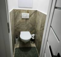 Toilette in einer 4-Zimmer-Wohnung mit Keramikfliesen und dekorativem Teppich.