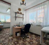 Ein Zimmer in einem Einfamilienhaus mit einem Schreibtisch, Pflanzen und einem Teppich mit Blumenmuster.