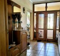 Der Flur in einem Einfamilienhaus mit Spiegel, Dekorationen und Glastüren.