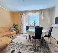 Wohnzimmer eines Einfamilienhauses mit Esstisch, Sofa und Fernseher auf einem Regal.