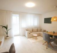 Geräumiges Wohnzimmer mit bequemer Couch, Boden mit Holzdekor, Esstisch.