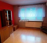 Ein Zimmer mit Holzboden, roten Wänden und Möbeln in einer 3-Zimmer-Wohnung.