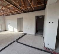 Innenraum eines Einfamilienhauses mit unvollendeten Wänden und einem Boden in Holzoptik.