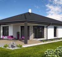 Ein Einfamilienhaus in Most pri Bratislave mit Terrasse, Rasen und Sitzgelegenheit im Freien.