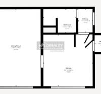 Grundriss einer Einzimmerwohnung mit Wohnzimmer, Küche und Badezimmer.