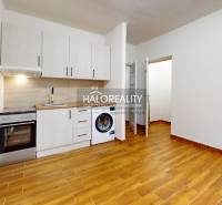 Küche in einer Einzimmerwohnung mit Holzboden und weißen Schränken.