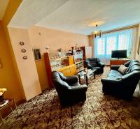 Wohnzimmer in einer Zweizimmerwohnung mit einer Couchgarnitur und einer verglasten Vitrine.