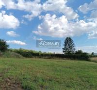 Ein Baugrundstück in Čerhov mit Grünflächen, Bäumen und einem Himmel mit Wolken.