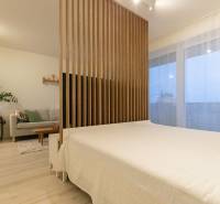 Küche mit hellen Möbeln, Sofa und Bett in einer Einzimmerwohnung, Boden mit Holzdekor.