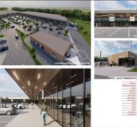 Visualisierung eines Einkaufszentrums in Lozorno in der Borovicova-Straße mit Parkplatz und Fastfood.