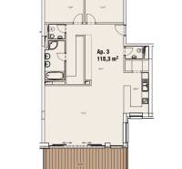 Der Grundriss zeigt eine 3-Zimmer-Wohnung mit einer Fläche von 118,3 m² und einer Terrasse.