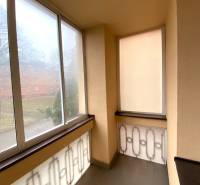 Ein verglaster Balkon in einer 2-Zimmer-Wohnung mit Blick auf die Umgebung.