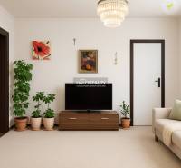 Wohnzimmer in einem Einfamilienhaus mit Fernseher, Zimmerpflanzen und Dekorationen.