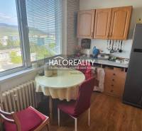 Küche in einer Einzimmerwohnung mit Tisch, Stühlen und Blick aus dem Fenster.