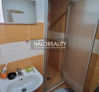 Badezimmer mit Waschbecken und Dusche in einer Einzimmerwohnung, orange-weiße Fliesen.