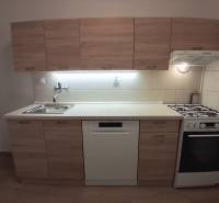 Küche mit Holzelementen, Spüle, Geschirrspüler und Herd in einer 3-Zimmer-Wohnung.