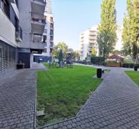 Ein Blick auf eine Wohngegend mit Gehweg und grünen Rasenflächen in Bratislava auf der Drieňová.