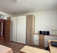 Schlafzimmer mit Holzboden, Einbauschrank und Pflanze in einer 3-Zimmer-Wohnung.