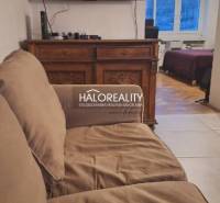 Wohnzimmer mit Sofa und Fernseher, im Hintergrund ein Zimmer mit Holzboden.