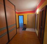 Der Flur in der 4-Zimmer-Wohnung mit einem Boden in Holzoptik und eingebauten Schränken.