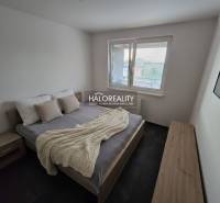 Schlafzimmer in einer 2-Zimmer-Wohnung mit Bett, Nachttischen und Wanddekoration.