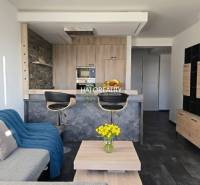 Wohnzimmer in einer 2-Zimmer-Wohnung mit offener Küche und Holzboden.