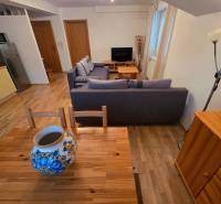 Wohnzimmer in der Ferienwohnung mit Holzboden, Sofa und dekorativer Vase.