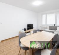 Wohnzimmer in einer 3-Zimmer-Wohnung mit Holzboden und grauem Sofa.