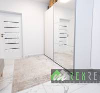 Flur mit Teppich, Spiegelschrank und Türen in einer 3-Zimmer-Wohnung.