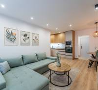 Wohnzimmer mit Küche in einer 2-Zimmer-Wohnung mit Holzboden und grünem Sofa.