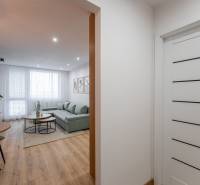 Wohnzimmer in einer 2-Zimmer-Wohnung mit Sofa, Tischen und Boden in Holzoptik.