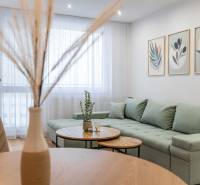 Helles Wohnzimmer einer Zweizimmerwohnung mit einem grünen Sofa und Wanddekorationen.