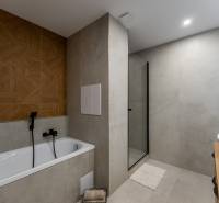 Badezimmer in einer 3-Zimmer-Wohnung mit Badewanne, Dusche und Holzelementen an der Wand.