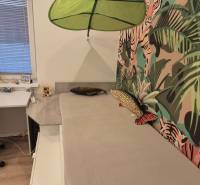 Kinderzimmer mit Schreibtisch und bunter Tapete mit Motiven in einem Einfamilienhaus.