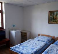 Ein Zimmer mit zwei Betten, einem Fernseher, einem Kühlschrank und einem Bild, Boden mit Holzdekor.