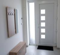 Eingangsbereich eines Einfamilienhauses mit Garderobe, Spiegel und Designtüren.