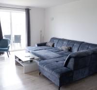 Wohnzimmer mit blauer Couch und Sessel, Holzboden, Einfamilienhaus.