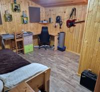 Ein Zimmer mit Holzwänden, ein Boden mit Holzdekor, ein Schreibtisch und eine Gitarre an der Wand.