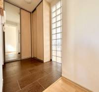 Flur einer 2-Zimmer-Wohnung mit Holzboden, Spiegelschrank und Glaswand.