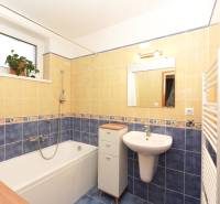 Ein Badezimmer in einem Einfamilienhaus mit einer Badewanne, einem Waschbecken, Fliesen und einem Fenster mit einer Blume.