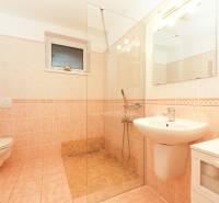 Badezimmer im Einfamilienhaus mit Toilette, Dusche und Waschbecken auf hellem Fliesenboden.