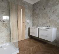 Badezimmer in einem Einfamilienhaus mit Steinverkleidung und Duschkabine.